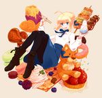  ahoge artoria_pendragon_(all) bad_id bad_pixiv_id black_legwear blonde_hair blue_eyes blueberry blush boned_meat boots bowl chopsticks doily doughnut dress drooling fate/stay_night fate_(series) food food_on_face fruit full_body hair_ribbon kebab macaron meat mwgi no_nose pantyhose raspberry ribbon rice rice_bowl saber simple_background solo sprinkles steak strawberry stuffed_animal stuffed_lion stuffed_toy sweet_potato taiyaki tart_(food) waffle wagashi whipped_cream 