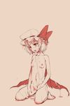  after_sex bad_id bad_pixiv_id breasts cum cum_in_mouth cum_on_body cum_on_breasts cum_on_clothes cum_on_upper_body cumdrip facial hat highres kurokuro monochrome nipples nude red_eyes remilia_scarlet short_hair sketch small_breasts solo touhou wings 