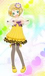  :d aqua_eyes black_legwear blonde_hair blush cheerful_candy_(module) colorful_x_melody_(vocaloid) detached_sleeves dress flower hair_flower hair_ornament happy heart heart_hands hiyo_(hiyococco) kagamine_rin looking_at_viewer open_mouth project_diva_(series) project_diva_2nd ribbon short_hair smile solo strapless strapless_dress thighhighs vocaloid 