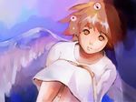  angel angel_wings brown_hair dorubakkii dress dutch_angle face haibane_renmei looking_at_viewer rakka short_hair sitting solo white_dress wings 