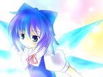  blue_eyes blue_hair blush bow cirno hair_bow short_hair smile solo touhou yurume_atsushi 