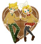  1girl :d bass_clef black_legwear blonde_hair blue_eyes blush bow bowtie brother_and_sister full_body green_neckwear hands_together happy heart hiyo_(hiyococco) kagamine_len kagamine_rin loafers looking_at_viewer neck_ribbon necktie open_mouth pants plaid plaid_neckwear plaid_pants plaid_skirt red_bow red_neckwear ribbon shoes siblings skirt smile thighhighs treble_clef twins unmoving_pattern vocaloid zettai_ryouiki 
