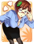  adjusting_eyewear alternate_costume angry bad_id bad_pixiv_id bent_over bespectacled blue_eyes breasts brown_hair chargeman_ken! cleavage collarbone downblouse fume glasses hair_ornament hairclip hand_on_hip large_breasts matumotosan nagisa-sensei open_mouth pantyhose red-framed_eyewear short_hair skirt solo unbuttoned 