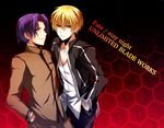  bad_id bad_pixiv_id blonde_hair blue_eyes blue_hair casual copyright_name fate/stay_night fate_(series) gilgamesh homurahara_academy_uniform honeycomb_(pattern) honeycomb_background male_focus matou_shinji multiple_boys purple_hair red_background red_eyes school_uniform uka_(color_noise) wavy_hair 