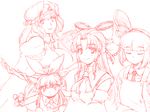  apron bad_id bad_pixiv_id bow chikuwa_(tks) closed_eyes detached_sleeves face fan hair_bow hair_tubes hakurei_reimu hat highres horns ibuki_suika konpaku_youmu looking_at_viewer monochrome multiple_girls oekaki saigyouji_yuyuko short_hair sketch smile touhou 