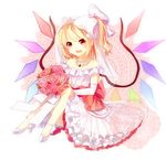  alternate_costume alternate_hairstyle ayarin103 bare_legs bare_shoulders blonde_hair bouquet bow dress elbow_gloves flandre_scarlet flower gloves hair_bow high_heels jewelry necklace no_hat no_headwear red_eyes rose shoes short_hair side_ponytail sitting smile solo touhou wedding_dress white_gloves wings 