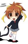  brown_eyes brown_hair chibi empty_eyes hard_translated hayashiya_zankurou hirasawa_ui k-on! knife nakano_azusa ponytail school_uniform short_hair translated waving yandere 