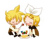  1girl blush brother_and_sister cake feeding food fork happy hiyo_(hiyococco) kagamine_len kagamine_rin lowres siblings twins vocaloid 