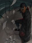  1boy akatsuki_(naruto) artist_request bandage bandages black_hair cloak male male_focus mask naruto naruto_shippuuden paper red_eyes short_hair solo standing tegaki tobi torn_clothes water 