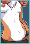  breasts canine chest_tuft clothed clothing female fox fur hair half-dressed kitsune long_hair mammal mingchee multiple_tails navel nintendo nipples patty_(mingchee) pok&#233;mon pok&eacute;mon red_hair skimpy small_breasts solo topless tuft video_games vulpix 