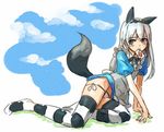  animal_ears bad_id bad_pixiv_id card dress eila_ilmatar_juutilainen long_hair looking_at_viewer lowleg lowleg_panties mouth_hold panties playing_card shibasaki_shouji silver_hair solo strike_witches striped striped_legwear tail thighhighs underwear world_witches_series 
