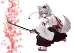  animal_ears bare_shoulders bow detached_sleeves fighting_stance gauntlets grey_hair hat holding inubashiri_momiji leaf maple_leaf ooike_teru red_eyes ribbon sandals sarashi shield short_hair simple_background socks solo sword tail tokin_hat touhou weapon white_legwear wolf_ears wolf_tail 