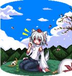  1girl animal_ears arm_up blush_stickers cherry_blossoms cloud day detached_sleeves eating food grass grey_hair hat inubashiri_momiji lowres onigiri open_mouth petals pixel_art red_eyes seiza shield short_hair sitting sky solo tail tokin_hat touhou unk_kyouso wolf_ears wolf_tail 