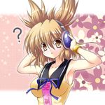  ? armpits arms_up brown_eyes brown_hair earmuffs flower hands_on_headphones open_mouth osashin_(osada) shirt sleeveless sleeveless_shirt solo touhou toyosatomimi_no_miko upper_body 