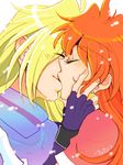  1girl blonde_hair chin_grab closed_eyes couple fingerless_gloves fingernails gloves gourry_gabriev hand_on_another's_face happy hetero kiss lina_inverse long_hair maria_carmen_galan oekaki orange_hair signature slayers snowing tegaki white_background 