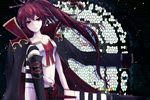  coat cul hanamuke highres long_hair looking_at_viewer ponytail red_eyes red_hair shorts solo striped striped_legwear thighhighs vocaloid 