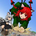  animal_ears bad_id bad_pixiv_id bow braid cat_ears cat_tail city dautsen destruction dowsing_rod dress fang giantess hair_bow highres kaenbyou_rin long_hair mouse_ears multiple_girls multiple_tails nazrin open_mouth red_eyes red_hair running silver_eyes silver_hair size_difference sketch tail touhou twin_braids 