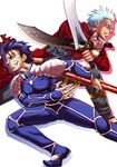  archer blue_eyes blue_hair dark_skin dark_skinned_male dual_wielding earrings fate/stay_night fate_(series) gae_bolg holding jewelry kanshou_&amp;_bakuya lancer multiple_boys nise_pakuman-san pauldrons polearm red_eyes spear sword weapon white_hair 