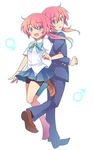  1girl blue_eyes dual_persona gakuran genderswap genderswap_(mtf) inazuma_eleven_(series) inazuma_eleven_go itsukino kirino_ranmaru long_hair mars_symbol open_mouth pink_hair school_uniform skirt twintails venus_symbol 