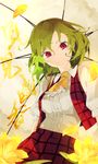  ascot breasts buttons dress_shirt flower green_hair kazami_yuuka looking_at_viewer md5_mismatch medium_breasts petals plaid plaid_vest puffy_sleeves red_eyes shihou_(g-o-s) shirt short_hair short_sleeves smile solo text_focus touhou umbrella vest 