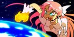  1girl asura&#039;s_wrath asura's_wrath capcom earth epic fire funny giantess gongen_wyzen kaname_madoka mahou_shoujo_madoka_magica parody pointing space ultimate_madoka wyzen_(asura&#039;s_wrath) 
