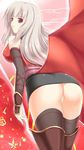  ass bare_shoulders breasts from_behind highres idolmaster idolmaster_(classic) large_breasts long_hair looking_back miniskirt no_panties pussy red_eyes rokushiru_(muzai-p) shijou_takane silver_hair skirt solo standing thighhighs upskirt 