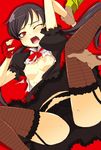  arm_grab black_hair black_panties bow bow_panties breasts fingerless_gloves fishnets garter_belt gloves highres mole nipples no_bra one_eye_closed oneechanbara onija_tarou open_mouth panties red_eyes saki_(oneechanbara) short_hair small_breasts solo sweat thighhighs torn_clothes underwear 