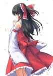  arms_up black_hair bow closed_eyes detached_sleeves hair_bow hair_tubes hakurei_reimu hands_clasped long_sleeves own_hands_together petals ponytail praying shirt skirt skirt_set solo touhou vent_arbre 