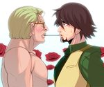  albert_maverick bad_id bad_pixiv_id blush brown_eyes brown_hair facial_hair flower food glasses grey_hair kaburagi_t_kotetsu lips male_focus masao multiple_boys necktie nude old_man pocky pocky_kiss profile rose shared_food stubble sweat tiger_&amp;_bunny vest waistcoat 