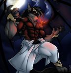  anthro biceps black_fur canine claws clothed clothing demon faint fangs flexing fur glowing glowing_eyes half-dressed magic male mammal moon muscles pants pecs pose red_eyes solo standing topless torn_clothing transformation wings wolf 