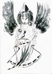  abstract black_hair black_wings brush_(medium) closed_eyes fan hat hornchameleon monochrome shameimaru_aya short_hair sketch solo tokin_hat touhou traditional_media wings 