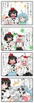  &gt;_&lt; 3girls 4koma ? ahoge animal_ears aqua_hair bare_shoulders black_hair blush bunbunmaru clenched_teeth closed_eyes comic crying crying_with_eyes_open detached_sleeves hand_on_hip hands_in_opposite_sleeves hat heart highres holding inubashiri_momiji laughing lying midriff multiple_girls navel newspaper on_stomach open_mouth outstretched_arms ribbon shameimaru_aya short_hair sleeves_past_wrists solid_circle_eyes sweatdrop tail tatara_kogasa tears teeth tokin_hat touhou translated umbrella white_hair wings wolf_ears wolf_tail yuzuna99 