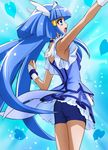  aoki_reika aqua_background armpits ass bike_shorts blue blue_eyes blue_hair blue_skirt cure_beauty eyelashes haruyama_kazunori heart long_hair magical_girl open_mouth precure shorts shorts_under_skirt skirt smile_precure! solo tiara 