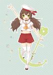  1st-mn :3 :d anchor beret brown_hair flower green_eyes hat hat_flower long_hair navel open_mouth original shorts smile solo star thighhighs twintails waving 