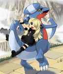  1girl black_eyes blonde_hair boots child gabite garchomp hair_over_one_eye hijirino_yuuta long_hair open_mouth pokemon shirona_(pokemon) sitting smile yellow_eyes 