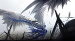  aa_megami-sama angel_wings belldandy blonde_hair blurry depth_of_field feathered_wings feathers from_behind kzcjimmy large_wings long_hair solo stake very_long_hair wind wind_lift wings wire 