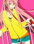  against_railing bikini_top boyshorts can dutch_angle eretto front-tie_top green_eyes grin headphones hood hooded_jacket hoodie jacket long_hair megurine_luka pink_hair simple_background smile soda_can solo very_long_hair vocaloid 