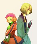  1girl aquarion_(series) aquarion_evol back-to-back bad_id bad_pixiv_id blonde_hair brown_hair coat gloves green_eyes grey_eyes hair_ornament hair_over_one_eye hairclip headphones height_difference hood hoodie jin_musou multicolored_hair purple_hair saiba_(henrietta) short_hair stuffed_animal stuffed_frog stuffed_toy tama_(aquarion) white_background yunoha_thrul 