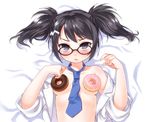  :&lt; bare_shoulders black_eyes black_hair blush breasts doughnut food food_on_body glasses lying necktie nipples open_clothes open_shirt pop'n_music root@chou_dou-ken shirt shouni_(sato3) sleeves_rolled_up small_breasts solo twintails 