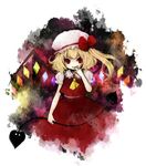  1st-mn ascot blonde_hair bow crystal dress flandre_scarlet hand_to_own_mouth hat hat_bow red_dress red_eyes smile solo touhou wings 