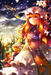  animal_ears aquamarine backlighting blonde_hair bow breasts brown_hair cat_ears cat_tail chen cherry_blossoms cloud dragon dress eastern_dragon eyes fox_tail gap hair_bow hat long_hair medium_breasts multiple_girls multiple_tails open_mouth petals pointing purple_eyes scarf short_hair sky smile sun sunlight sunrise tabard tail touhou yakumo_ran yakumo_yukari 