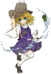  bad_id bad_pixiv_id blonde_hair blue_eyes frog full_body grin hair_ribbon hand_on_headwear hat henki_(orange) loafers moriya_suwako ribbon shoes short_hair skirt smile solo tadpole thighhighs touhou water white_background white_legwear 