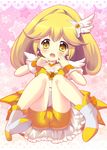  1girl bike_shorts blonde_hair blush boots cameltoe choker cure_peace dress earrings hair_ornament jewelry kise_yayoi long_hair magical_girl open_mouth ponytail precure sitting smile_precure! solo suama tears wrist_cuffs yellow_eyes 