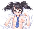  :&lt; bare_shoulders black_eyes black_hair blush breasts glasses lying necktie nipples open_clothes open_shirt pop'n_music root@chou_dou-ken shirt shouni_(sato3) sleeves_rolled_up small_breasts solo twintails 