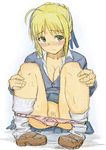  artoria_pendragon_(all) blonde_hair blush breasts cleavage covering covering_crotch fate/zero fate_(series) green_eyes kosuke_haruhito medium_breasts panties panty_pull pubic_hair saber sitting skirt solo underwear 