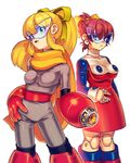  android arm_cannon blonde_hair blue_eyes blues_(rockman) blues_(rockman)_(cosplay) boots bow brown_hair cameltoe cosplay costume_switch doll_joints dress earrings genderswap genderswap_(mtf) gloves hair_bow hand_on_hip jewelry knee_boots multiple_girls ponytail red_skirt rockman rockman_(classic) roll roll_(cosplay) scarf skin_tight skirt sunglasses turtleneck weapon zakki 
