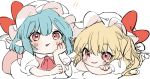  !! 2girls ascot bangs blonde_hair blue_hair blush bow chin_rest crossed_arms dress eyebrows_visible_through_hair fang flandre_scarlet gotoh510 hair_between_eyes hand_up hat hat_bow long_hair looking_at_viewer mob_cap multiple_girls nail_polish one_side_up open_mouth pointy_ears red_bow red_eyes red_nails red_neckwear remilia_scarlet short_hair siblings simple_background sisters sketch smile touhou white_background white_dress white_hat 