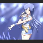  belt blue_hair cross cross_necklace highres idolmaster idolmaster_(classic) jewelry kisaragi_chihaya letterboxed long_hair microphone midriff music necklace open_mouth outstretched_arm singing skirt solo tears wrist_cuffs yatufusa1 