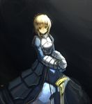  ahoge armor armored_dress artoria_pendragon_(all) blonde_hair dress excalibur fate/stay_night fate_(series) gauntlets green_eyes hair_ribbon hands_on_hilt ribbon saber solo stk sword weapon 