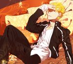  bad_id bad_pixiv_id black_jacket blonde_hair casual couch fate/stay_night fate_(series) gilgamesh hali hand_on_forehead highres jacket male_focus pillow red_eyes 